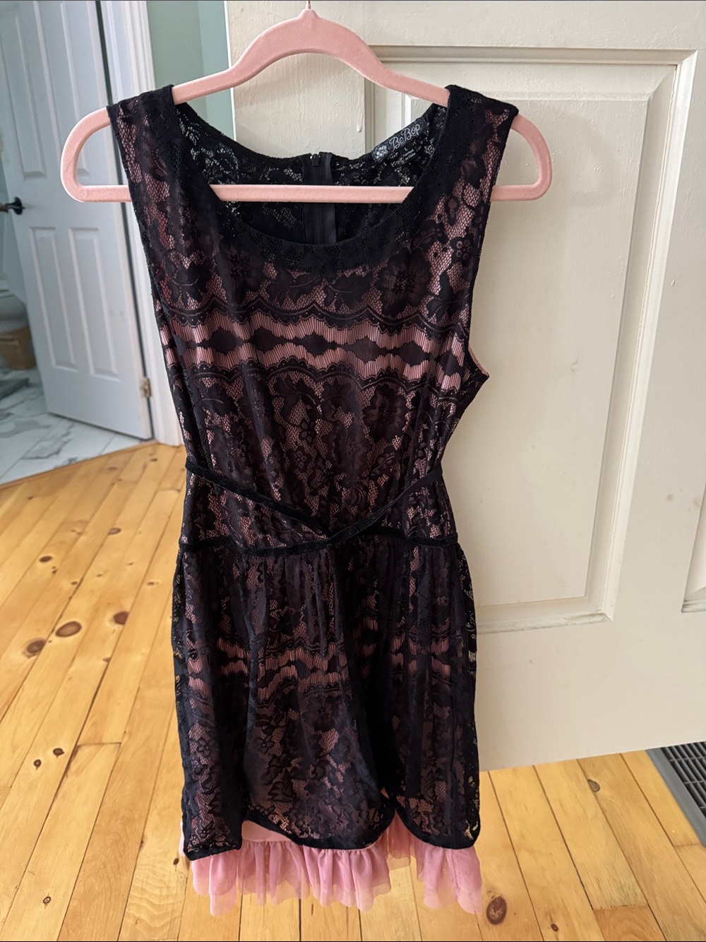 BeBop Black Lace Overlay Dress with Pink Lining Accents